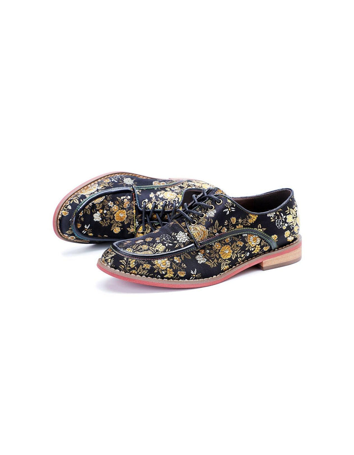 Hand-brushed Leather Printed Vintage Floral Oxford Shoes - ZYLIRA