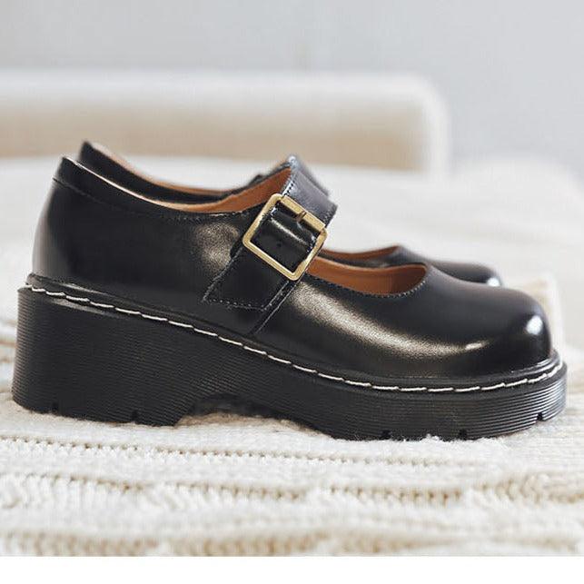 Women Vintage Buckle Leather Mary Janes Shoes - ZYLIRA