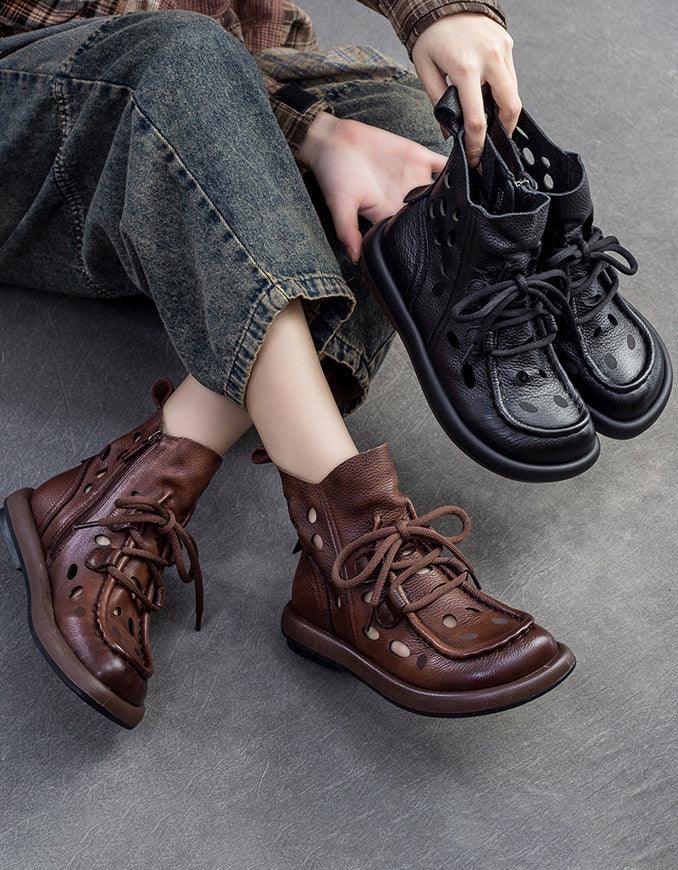 Round Toe Hollow Leather Handmade Retro Ankle Boots - ZYLIRA