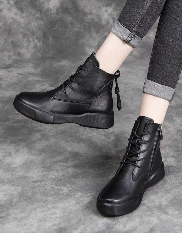 Lace Up Winter Leather Short Boots Black