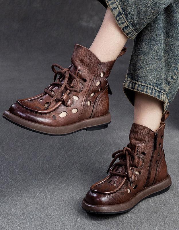 Round Toe Hollow Leather Handmade Retro Ankle Boots - ZYLIRA