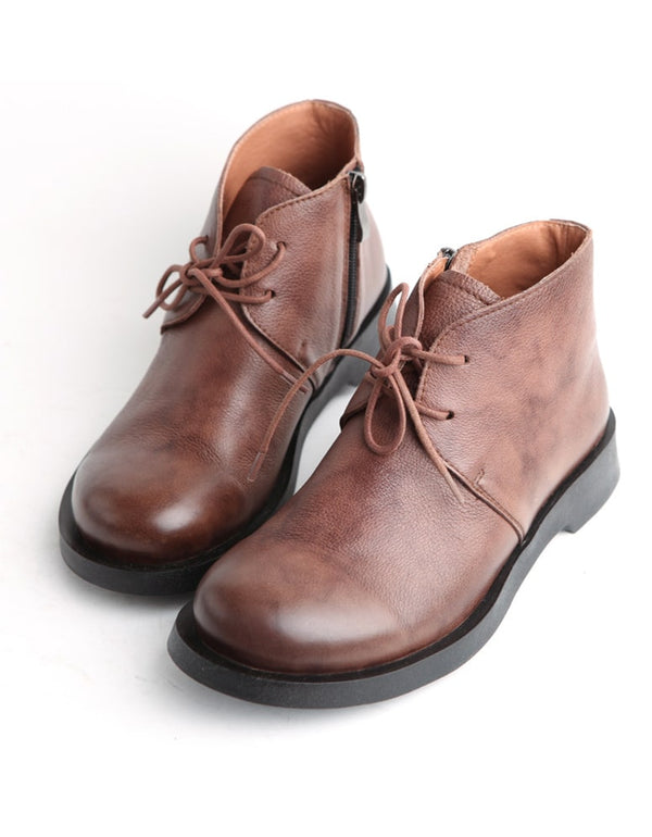 Leather Round Head Lace Up Autumn Winter Boots