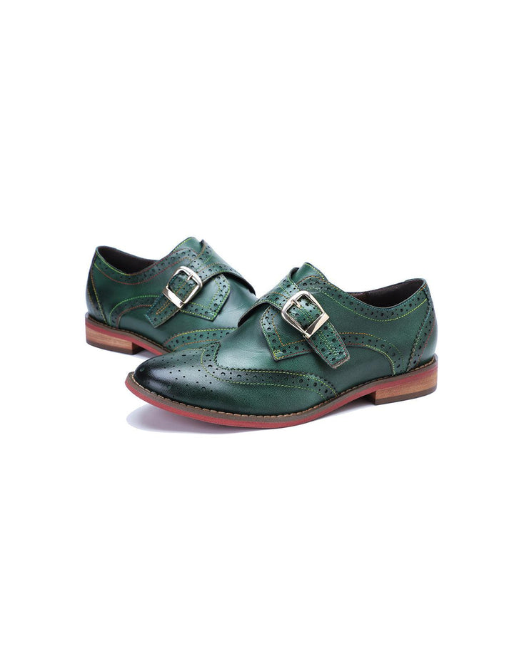 Brogue Style Monke Strap Vintage Green Oxford Shoes - ZYLIRA
