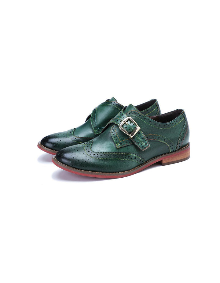 Brogue Style Monke Strap Vintage Green Oxford Shoes - ZYLIRA