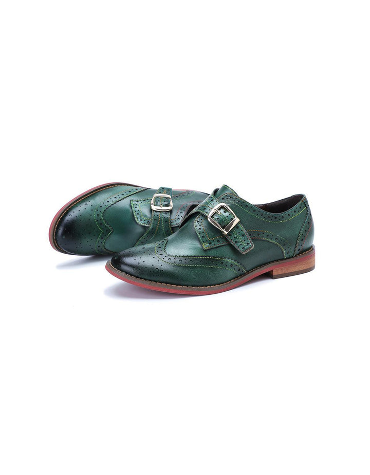 Brogue Style Monke Strap Vintage Green Oxford Shoes - ZYLIRA