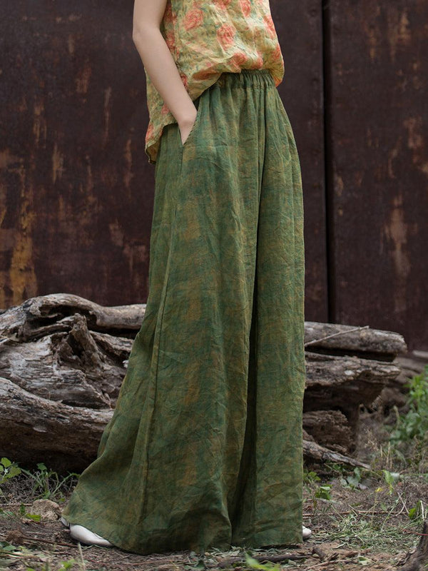 Women Vintage Green Oversized Flowing Wide- Leg Ramie Pants - ZYLIRA