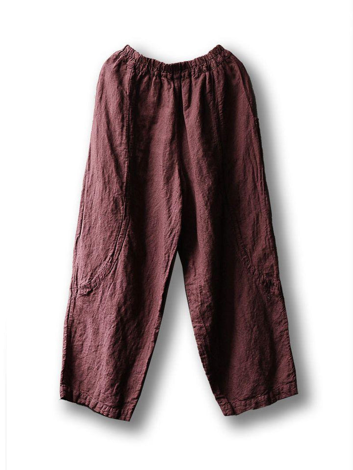 Red Elastic Waist Straight- Leg Linen Pants for Women - ZYLIRA