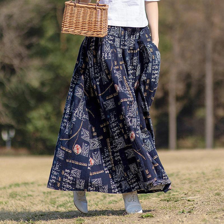 Vintage Ethnic Style Printed Ruffled Linen Midi Skirts - ZYLIRA