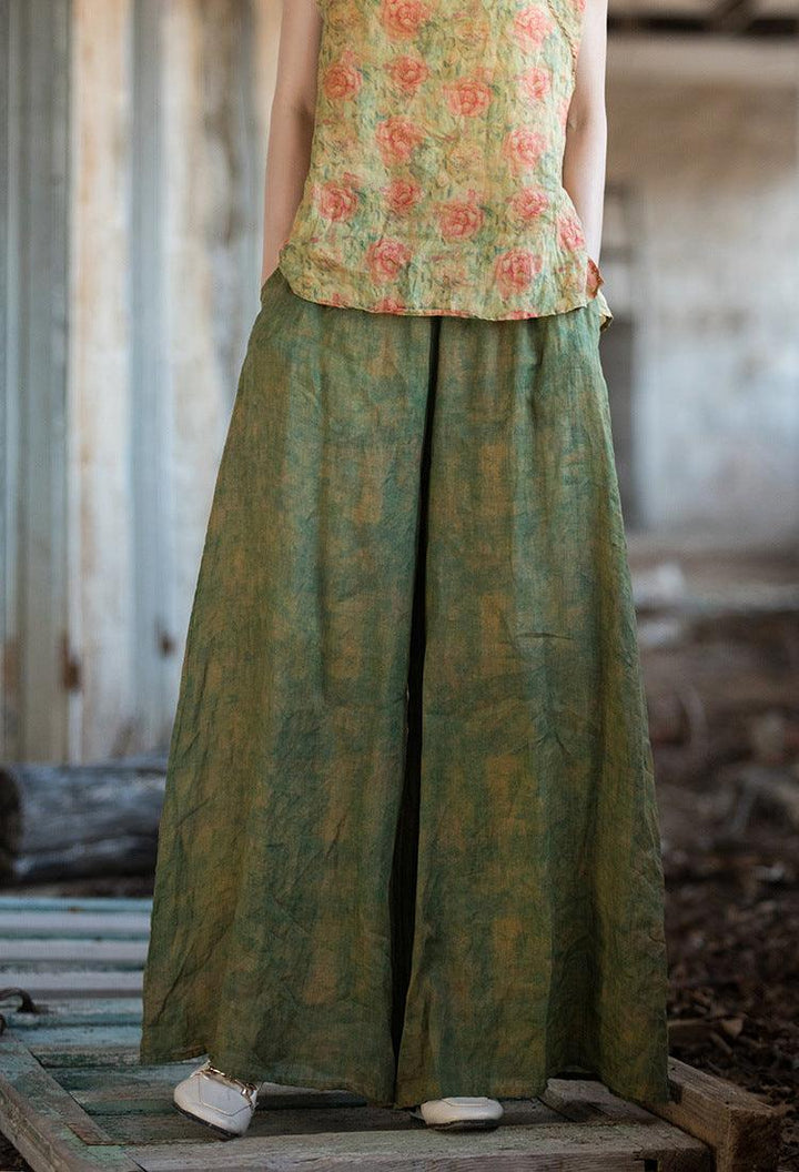 Women Vintage Green Oversized Flowing Wide- Leg Ramie Pants - ZYLIRA