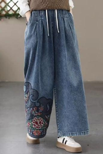 Retro Embroidered Elastic Waist Loose Wide Leg Jeans - ZYLIRA