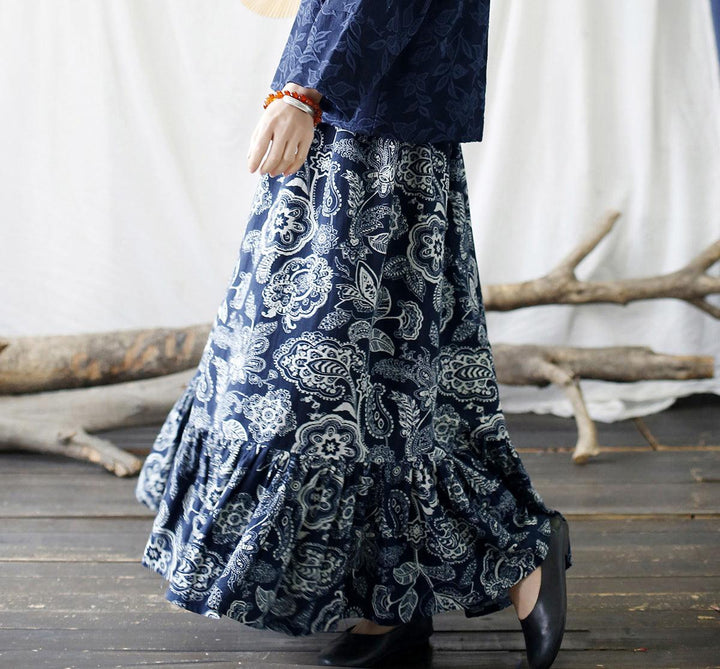 Vintage Ruffled Printed A- Line Maxi Skirt - ZYLIRA