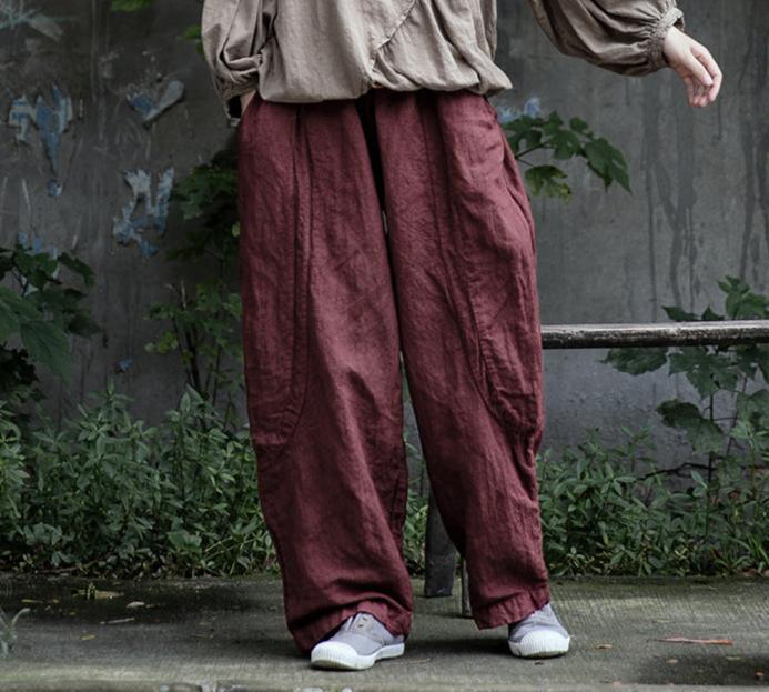 Red Elastic Waist Straight- Leg Linen Pants for Women - ZYLIRA