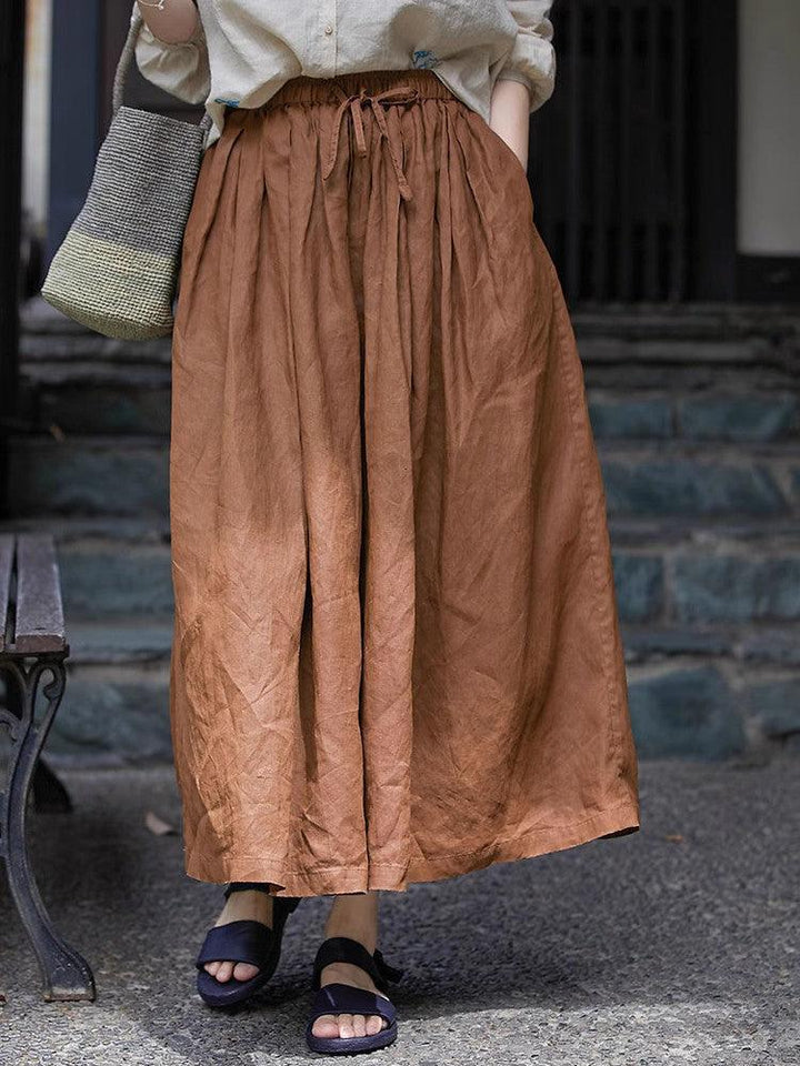 Casual Elastic Waist Brown Linen Midi Skirts - ZYLIRA