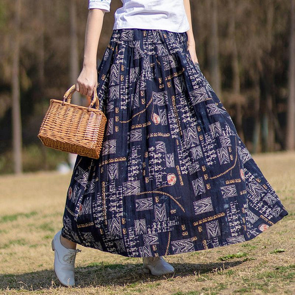 Vintage Ethnic Style Printed Ruffled Linen Midi Skirts - ZYLIRA