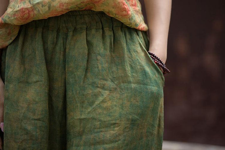 Women Vintage Green Oversized Flowing Wide- Leg Ramie Pants - ZYLIRA