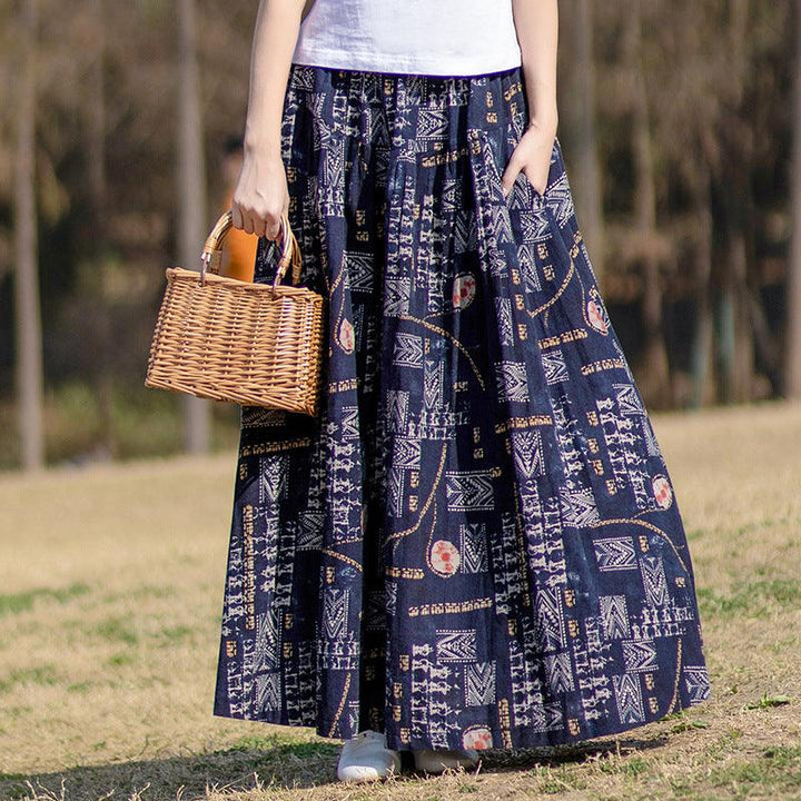 Vintage Ethnic Style Printed Ruffled Linen Midi Skirts - ZYLIRA