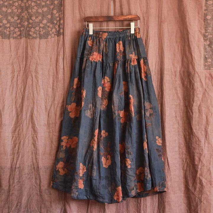 Printed Ruffled Flowy A- Line Ramie Midi Skirts - ZYLIRA