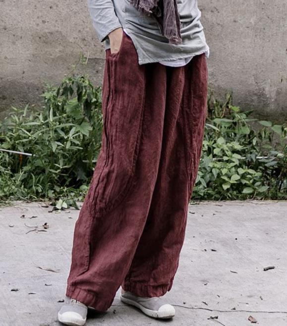 Red Elastic Waist Straight- Leg Linen Pants for Women - ZYLIRA