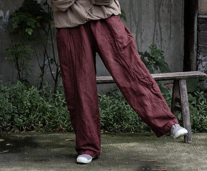 Red Elastic Waist Straight- Leg Linen Pants for Women - ZYLIRA