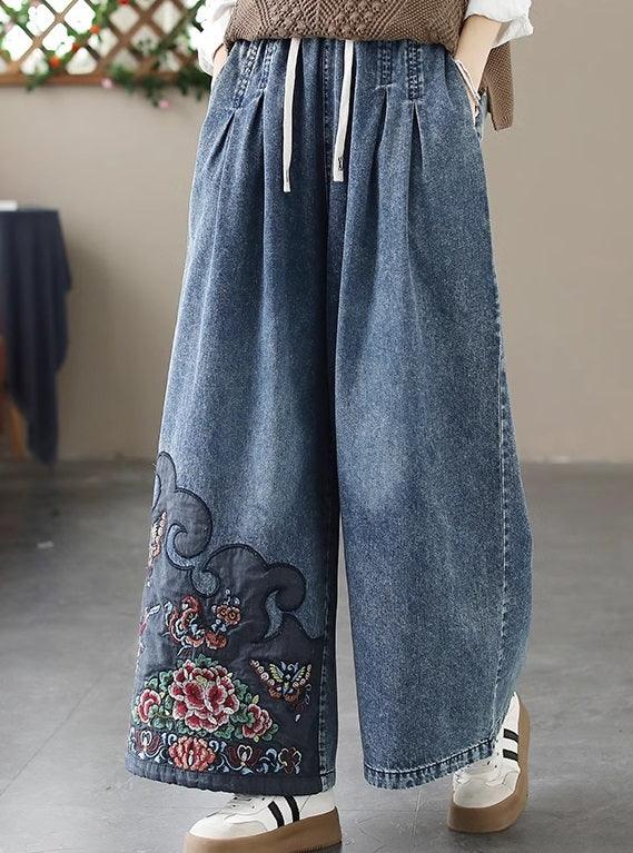 Retro Embroidered Elastic Waist Loose Wide Leg Jeans - ZYLIRA