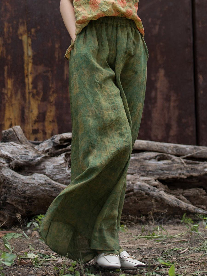 Women Vintage Green Oversized Flowing Wide- Leg Ramie Pants - ZYLIRA