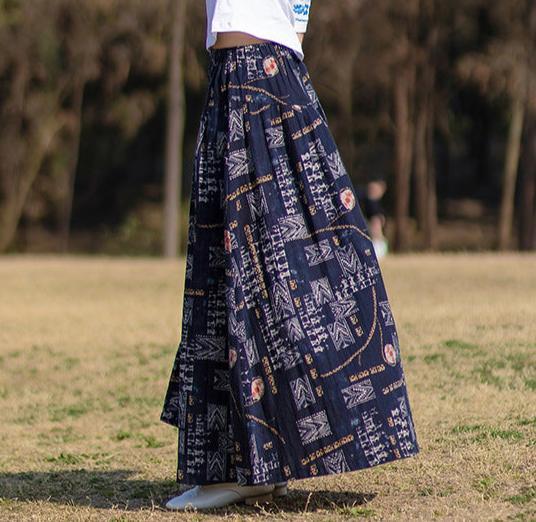 Vintage Ethnic Style Printed Ruffled Linen Midi Skirts - ZYLIRA