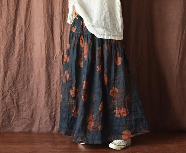 Printed Ruffled Flowy A- Line Ramie Midi Skirts - ZYLIRA