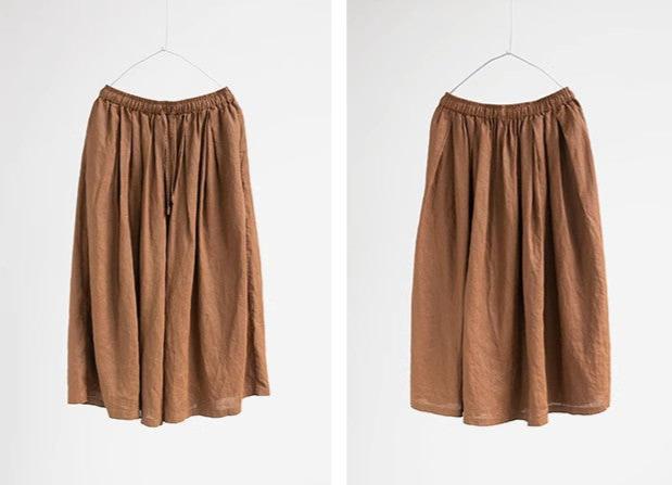 Casual Elastic Waist Brown Linen Midi Skirts - ZYLIRA