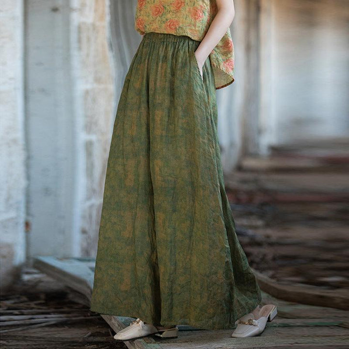 Women Vintage Green Oversized Flowing Wide- Leg Ramie Pants - ZYLIRA