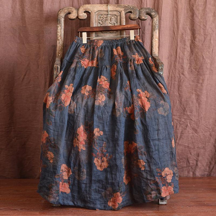 Printed Ruffled Flowy A- Line Ramie Midi Skirts - ZYLIRA