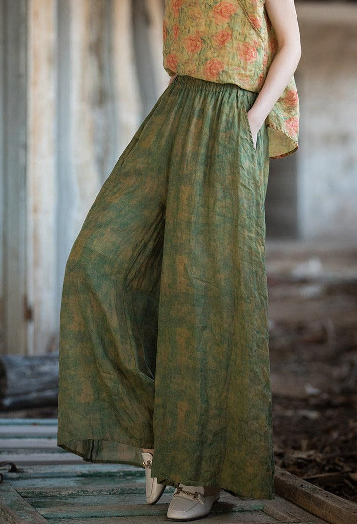 Women Vintage Green Oversized Flowing Wide- Leg Ramie Pants - ZYLIRA