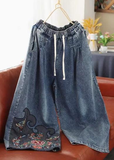 Retro Embroidered Elastic Waist Loose Wide Leg Jeans - ZYLIRA