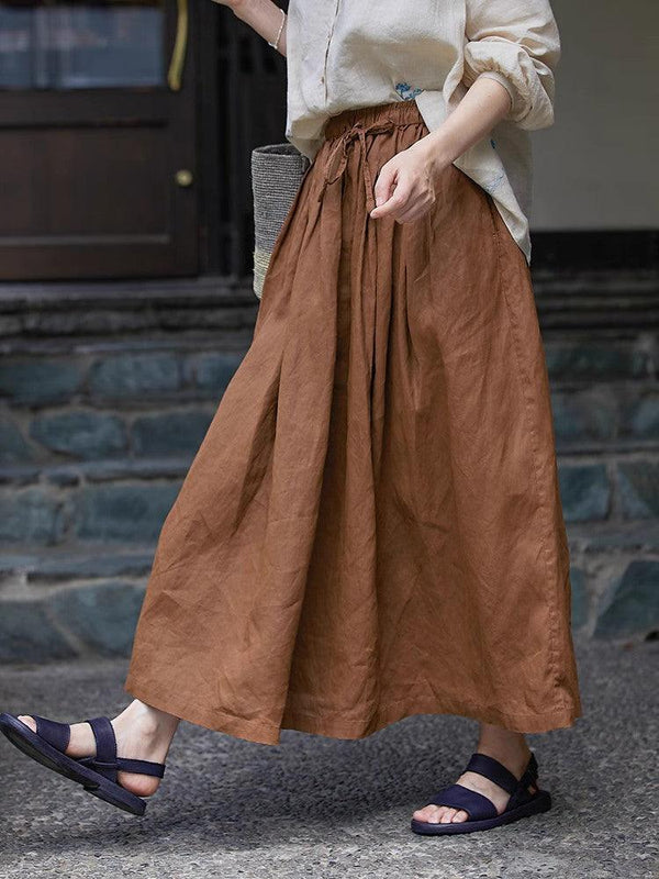 Casual Elastic Waist Brown Linen Midi Skirts - ZYLIRA