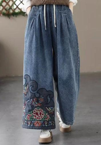 Retro Embroidered Elastic Waist Loose Wide Leg Jeans - ZYLIRA