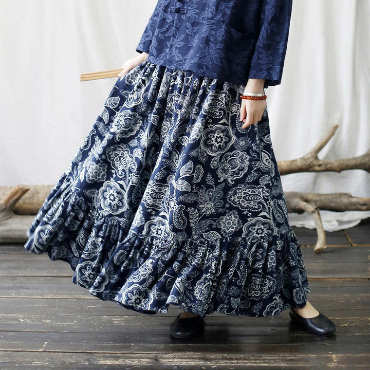 Vintage Ruffled Printed A- Line Maxi Skirt - ZYLIRA