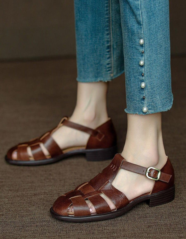 Pointed Toe Vintage British Style Leather Woven Sandals - ZYLIRA