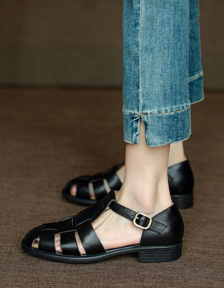 Pointed Toe Vintage British Style Leather Woven Sandals - ZYLIRA