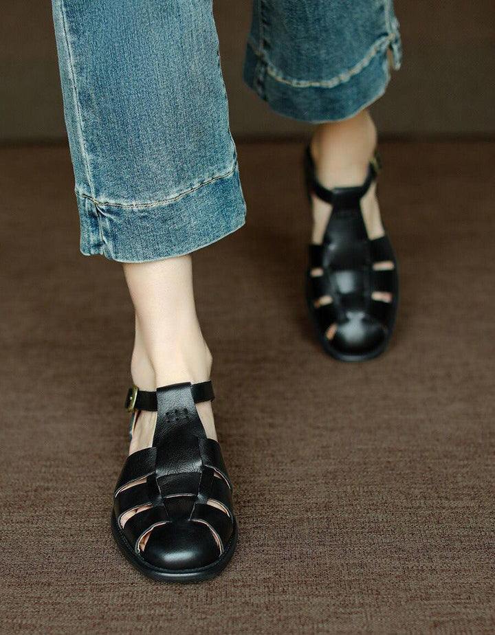 Pointed Toe Vintage British Style Leather Woven Sandals - ZYLIRA