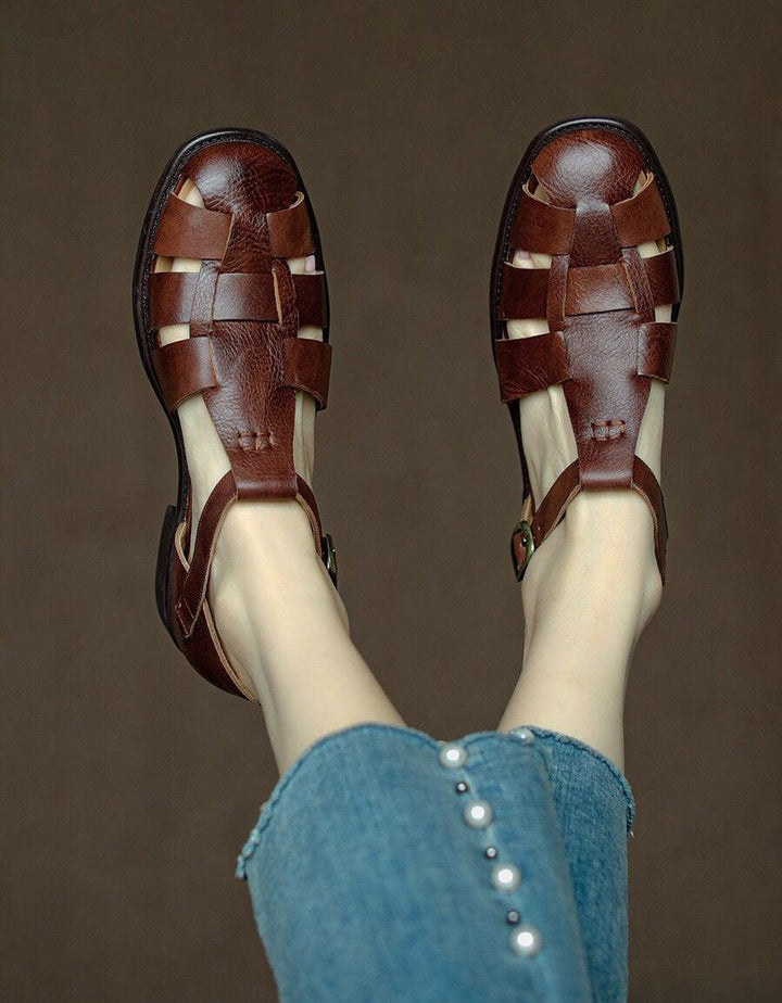Pointed Toe Vintage British Style Leather Woven Sandals - ZYLIRA