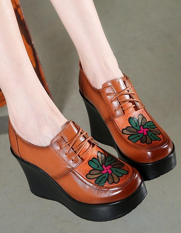 Retro Leather Handmade Vintage Wedge Shoes - ZYLIRA