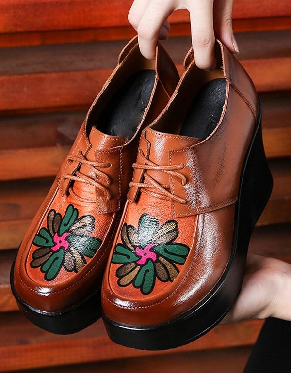 Retro Leather Handmade Vintage Wedge Shoes - ZYLIRA