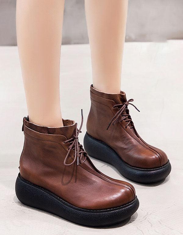 Retro Leather Women wedge Short Boots - ZYLIRA