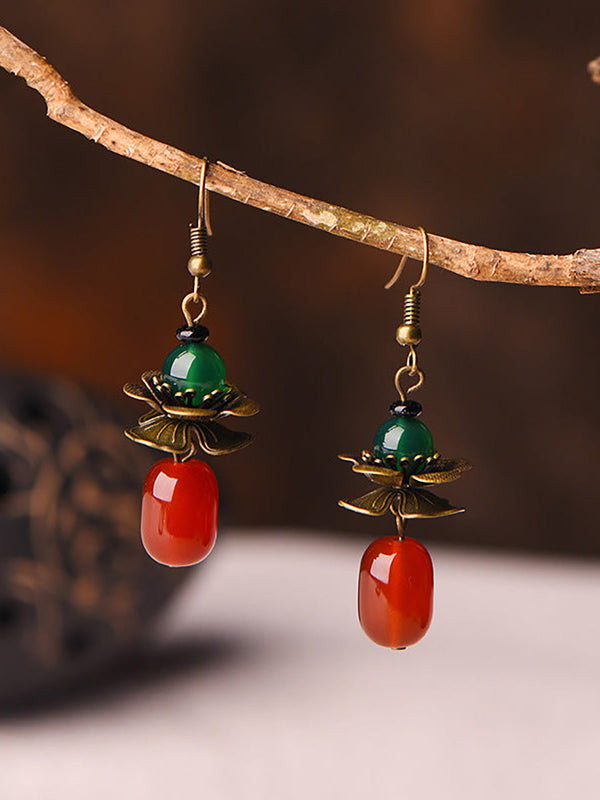 (2 Pairs )Retro Alloy Flower Red Agate Earrings