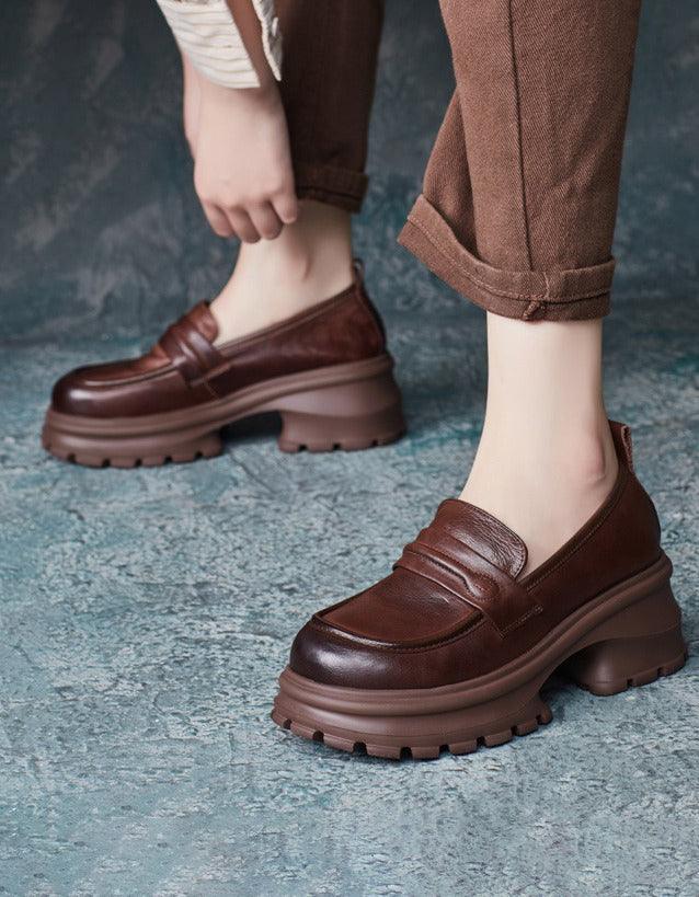 Retro Leather Wide Toe BoxPlatform Chunky Loafers - ZYLIRA