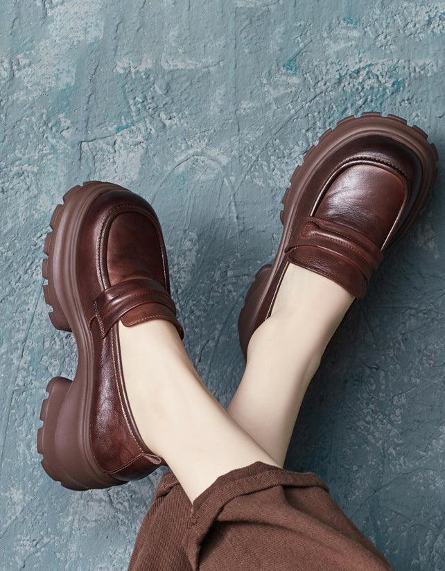 Retro Leather Wide Toe BoxPlatform Chunky Loafers - ZYLIRA