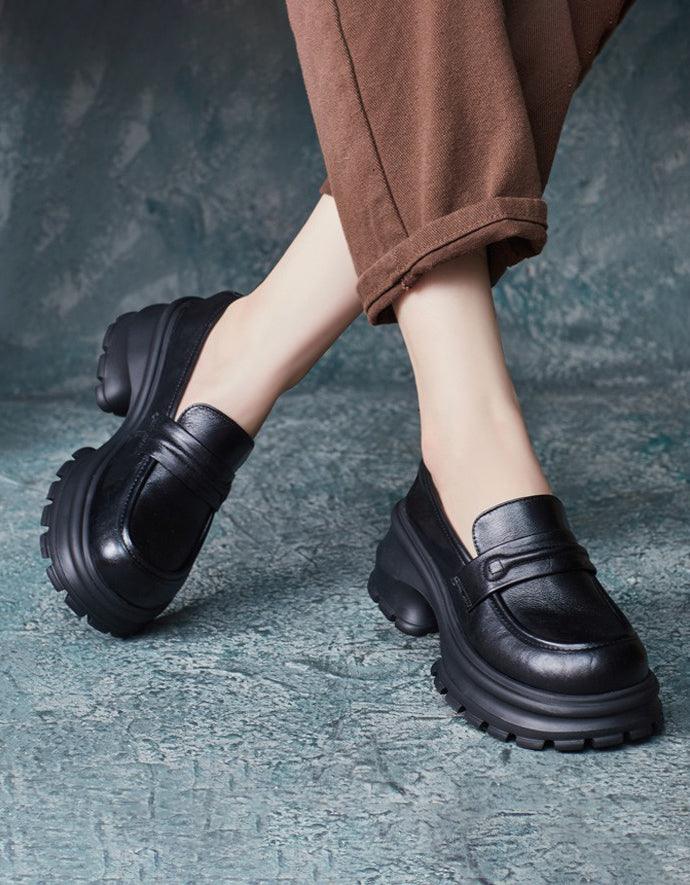 Retro Leather Wide Toe BoxPlatform Chunky Loafers - ZYLIRA