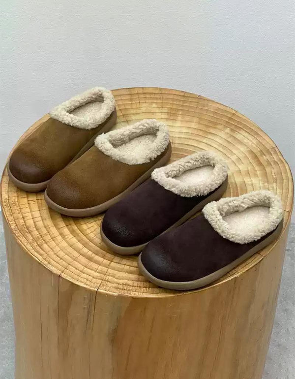 Round Toe Winter Indoor Suede Slippers with Fur - ZYLIRA