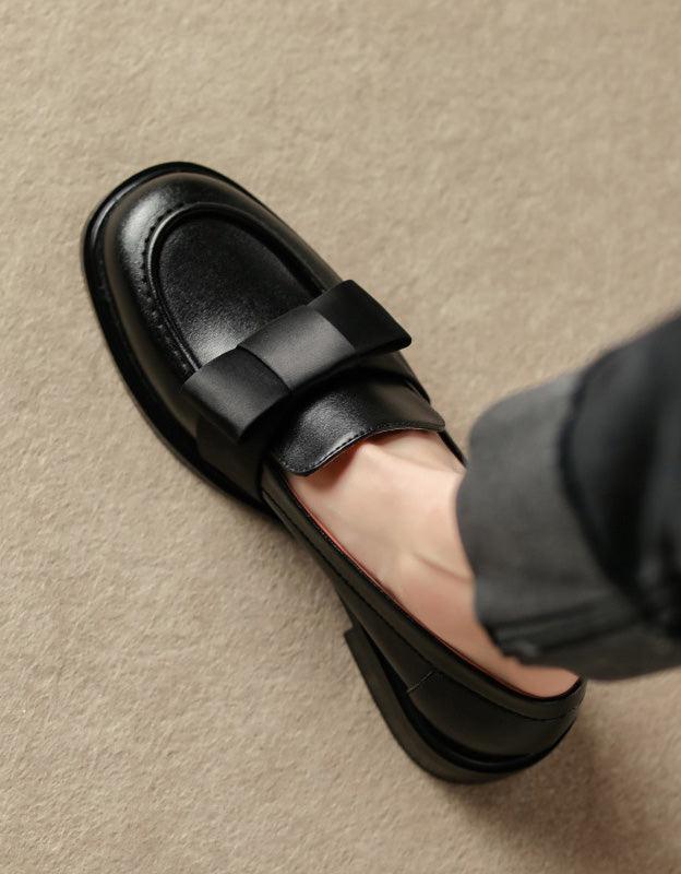 Silk Bowknot Vintage Leather Loafers for Women - ZYLIRA