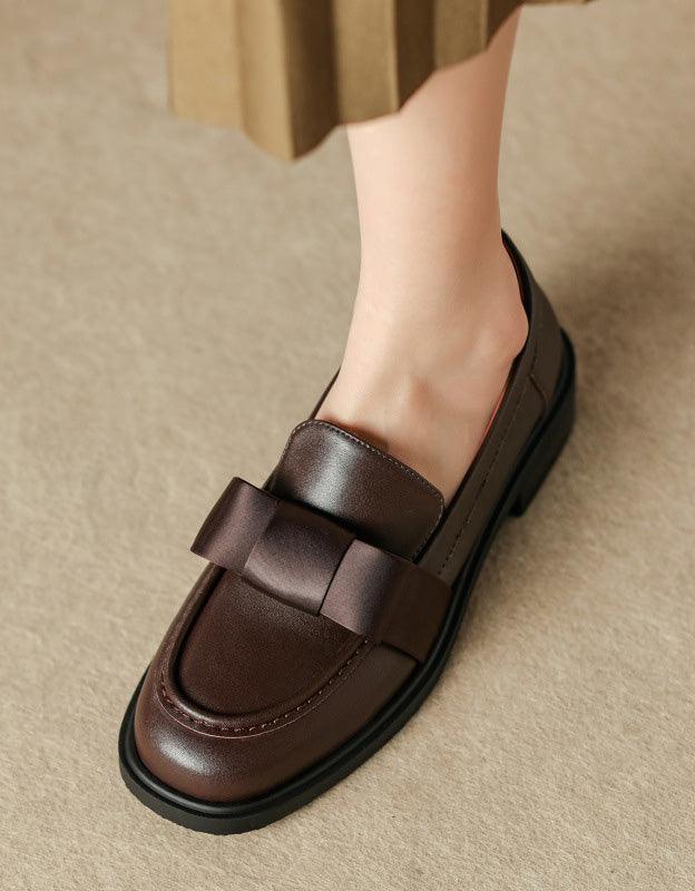 Silk Bowknot Vintage Leather Loafers for Women - ZYLIRA