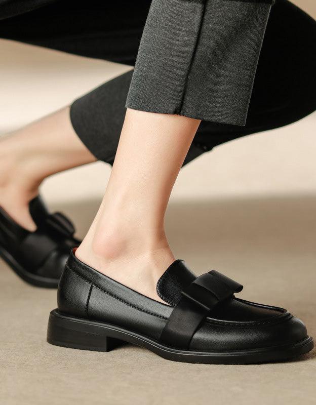 Silk Bowknot Vintage Leather Loafers for Women - ZYLIRA